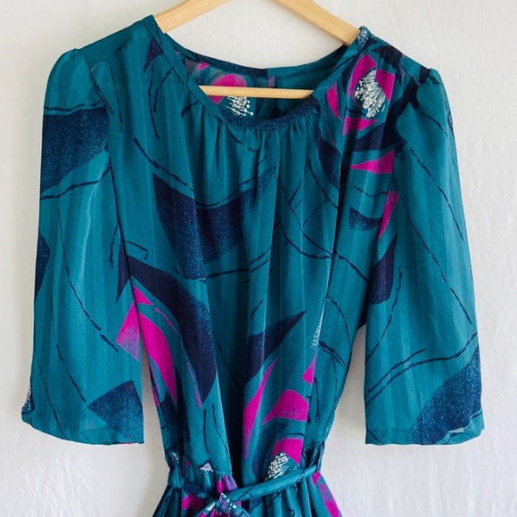 Vintage 1970s Teal & Purple Day Dress Sz 8 - Picture 3 of 6